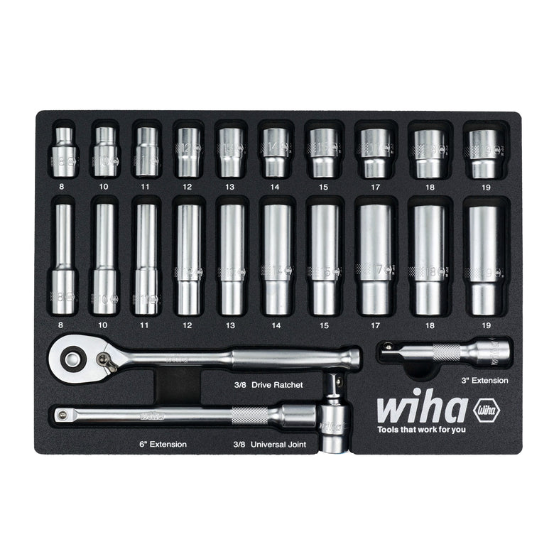 24 Piece 3/8" Drive Professional Standard and Deep Socket Tray Set - Metric