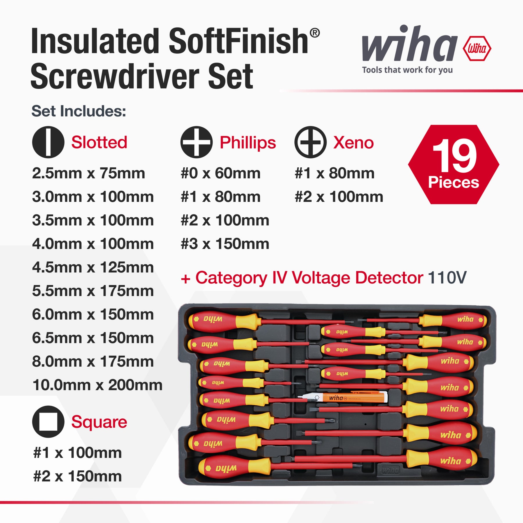 19 Piece Insulated SoftFinish Screwdriver and Cat III Voltage Detector Set with Toolbox Tray