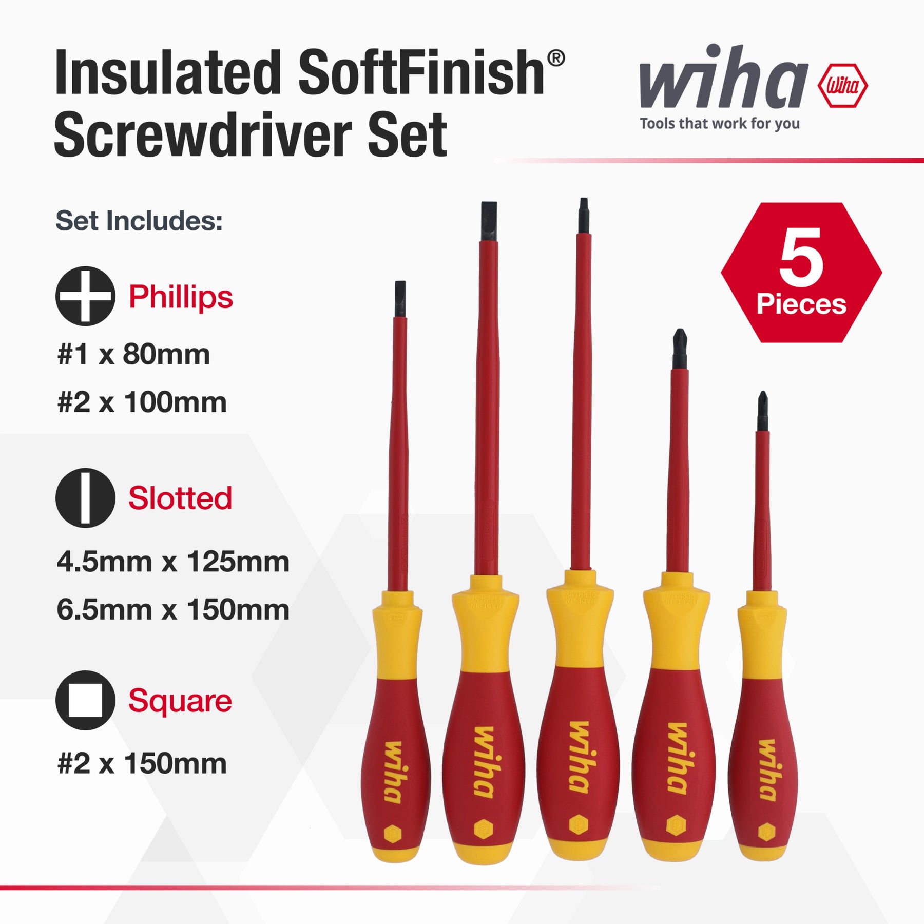 5 Piece Insulated SoftFinish Screwdriver Set - Slotted, Phillips, Square