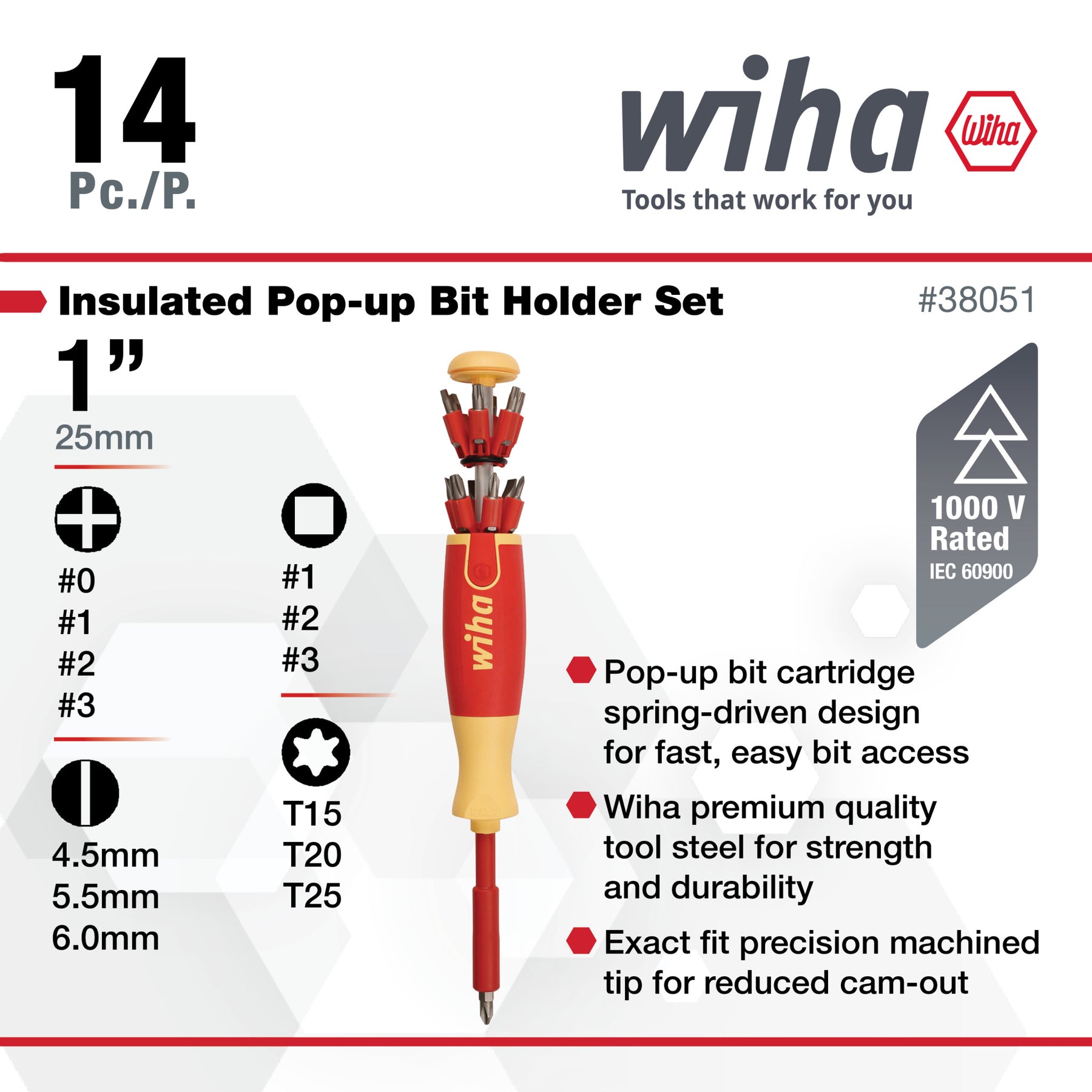 14 Piece Insulated Pop-Up Bit Holder Set - Slotted, Phillips, Square, Torx
