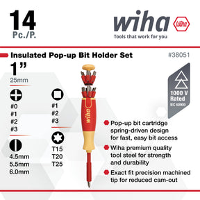 14 Piece Insulated Pop-Up Bit Holder Set - Slotted, Phillips, Square, Torx