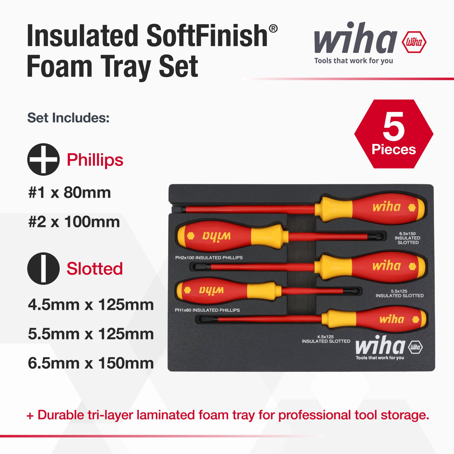 5 Piece Insulated SoftFinish Cushion Grip Screwdriver Tray Set