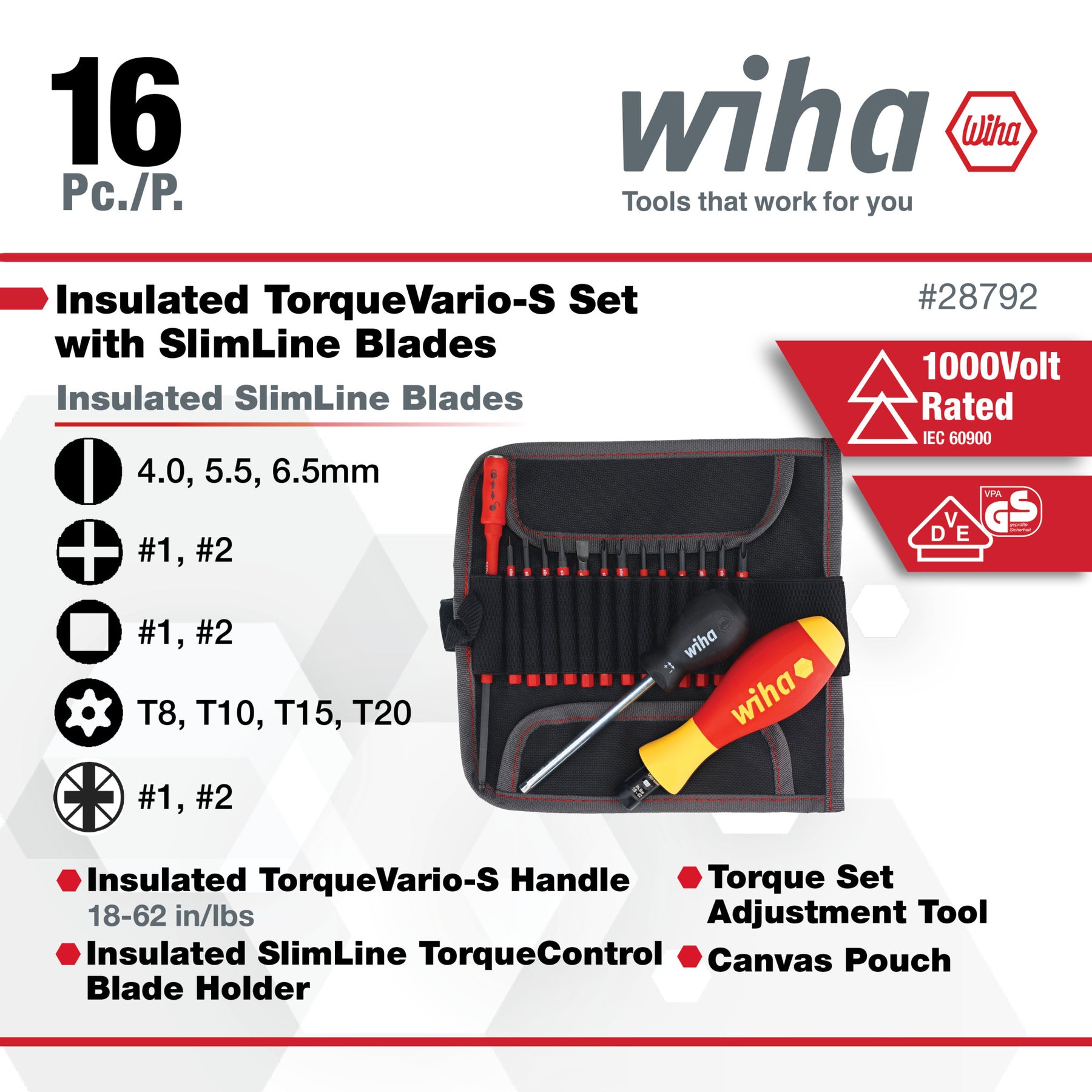 16 Piece Insulated TorqueVario-S (18-62 In/lbs) and SlimLine Blade Set