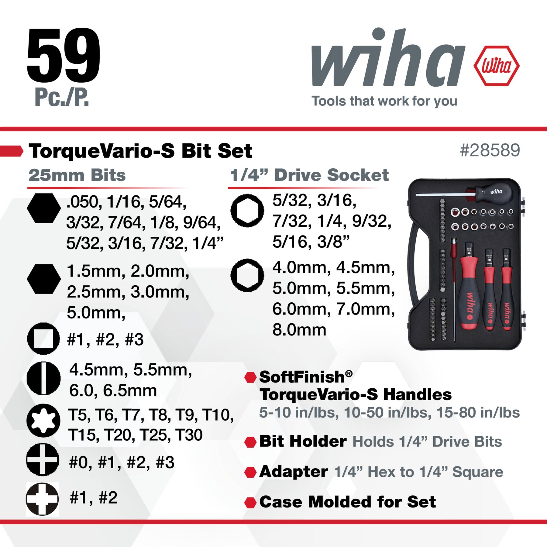 59 Piece TorqueVario-S Bit Set - In/lbs Handles