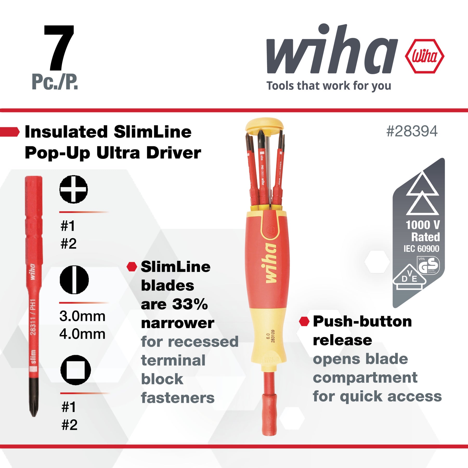 7 Piece Insulated SlimLine Ultra-Driver Blade Set Slotted, Phillips, Square