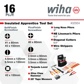 16 Piece Insulated Apprentice Electrician's Tool Kit