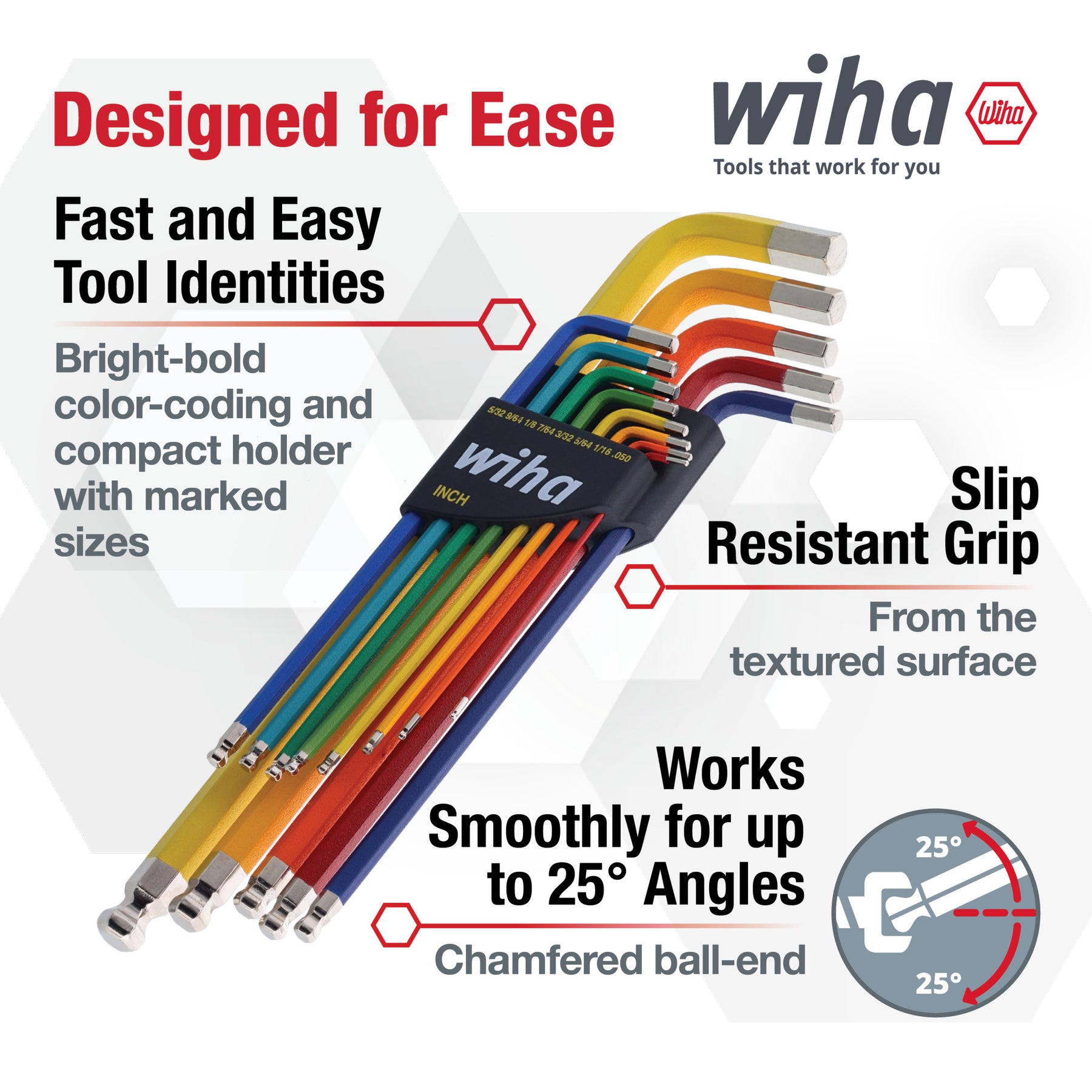 13 Piece Ball End Color Coded Hex L-Key Set - Inch