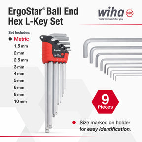 9 Piece ErgoStar Ball End Hex L-Key Set - Metric