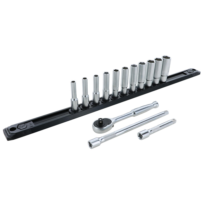 14 Piece Professional Series Socket and Ratchet Set with 3 and 6 Inch Extension Bars - Metric